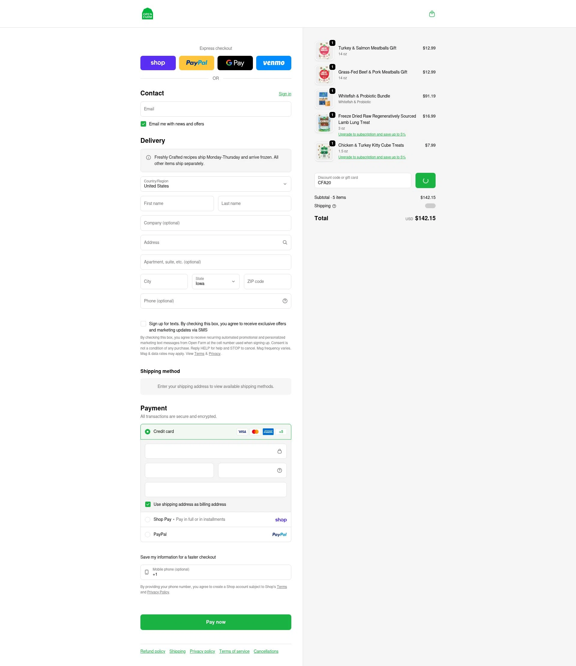 Open Farm checkout page showing Open Farm discount code box | Screenshot taken by SimplyCodes community member on Feb 3, 2026