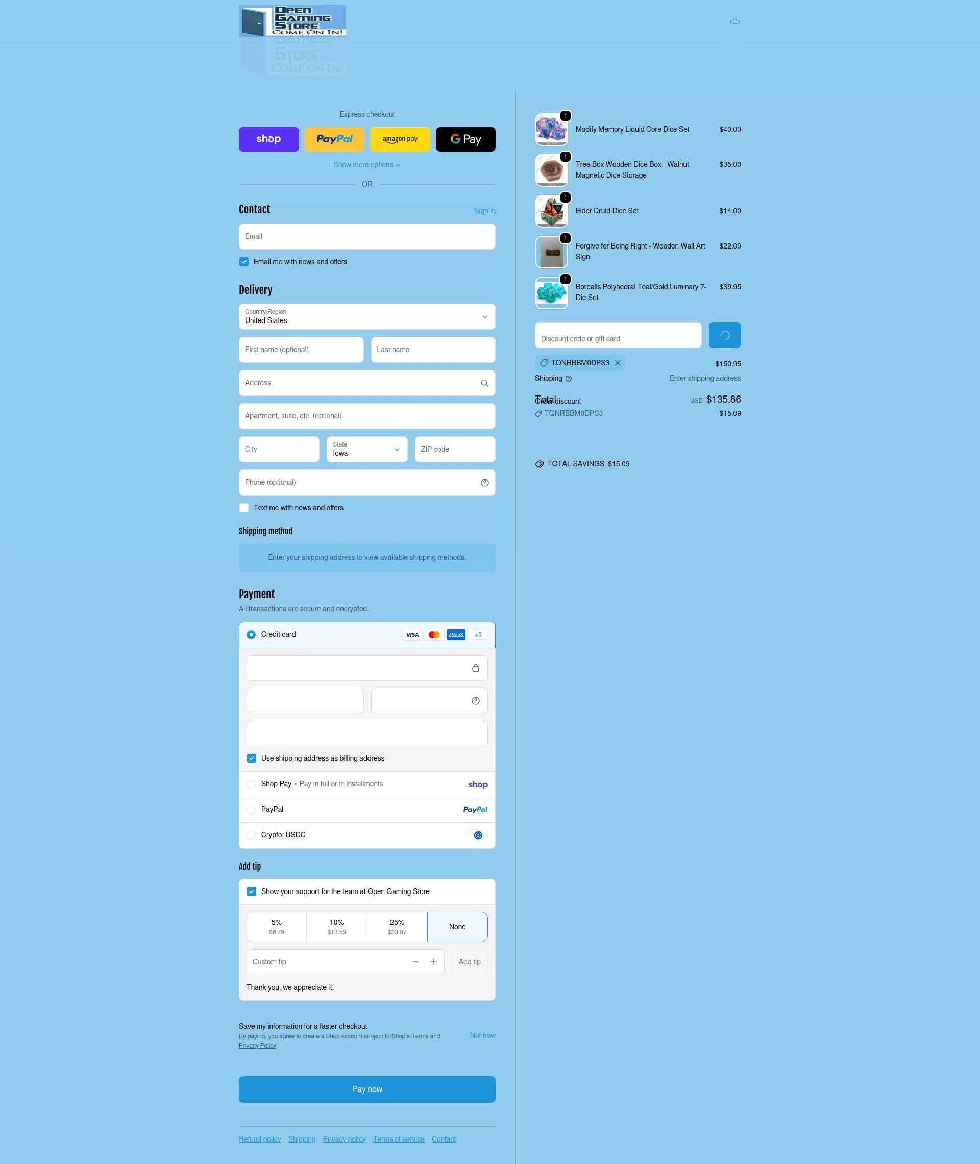 Open Gaming Store checkout page showing Open Gaming Store promo code box | Screenshot taken by SimplyCodes community member on Feb 18, 2026