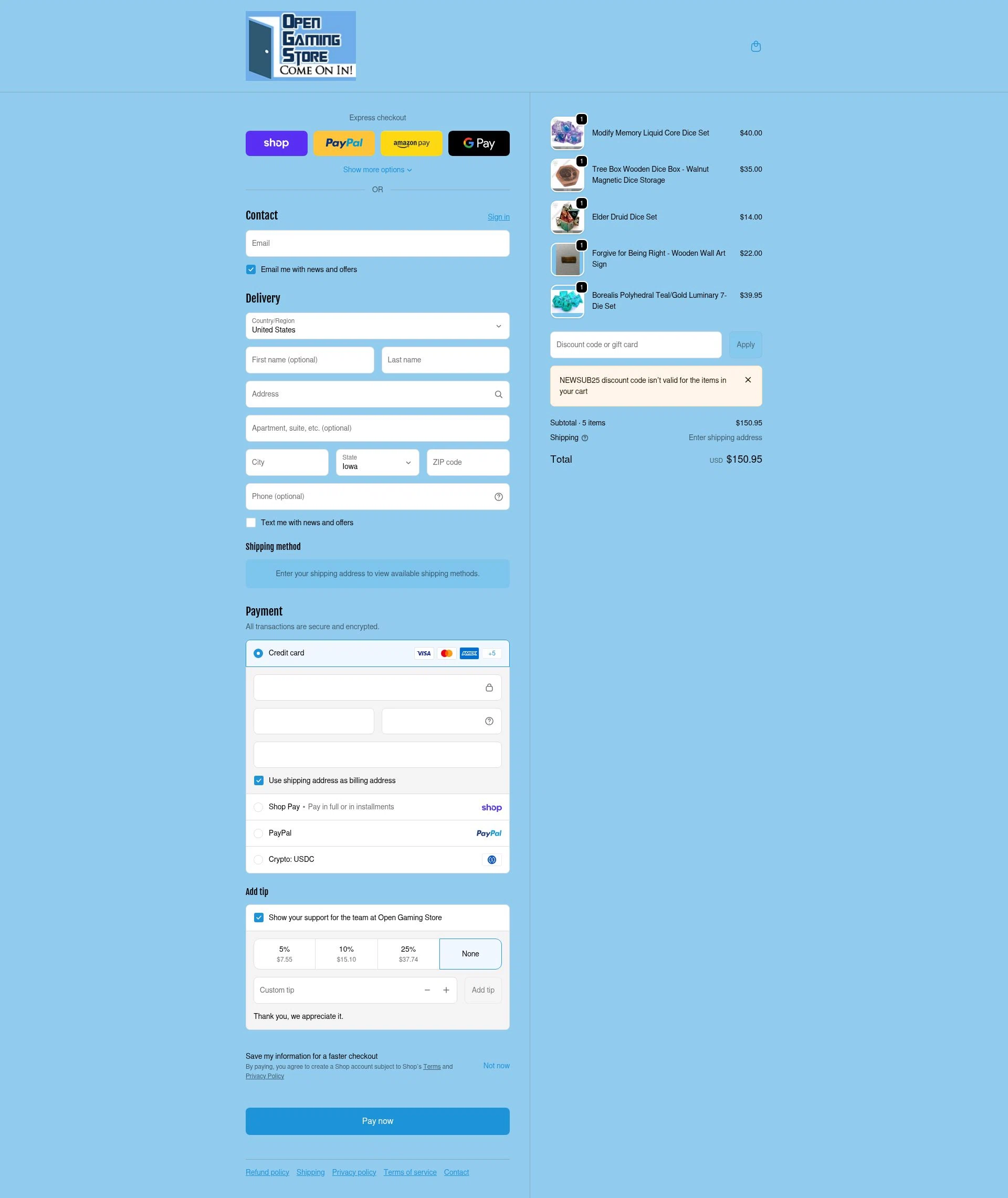 Open Gaming Store checkout page showing Open Gaming Store promo code box | Screenshot taken by SimplyCodes community member on Feb 18, 2026