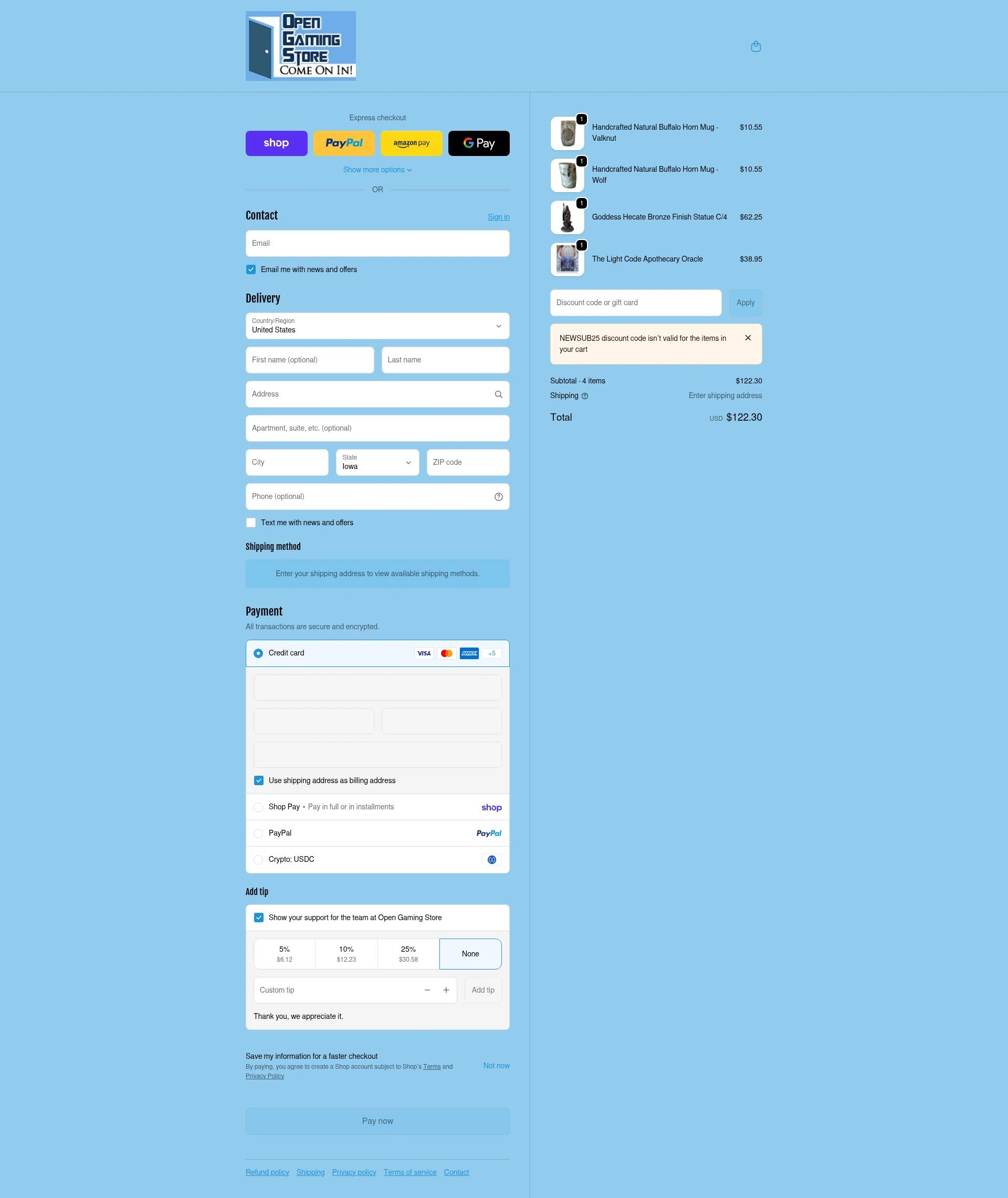 Open Gaming Store checkout page showing Open Gaming Store promo code box | Screenshot taken by SimplyCodes community member on Feb 14, 2026