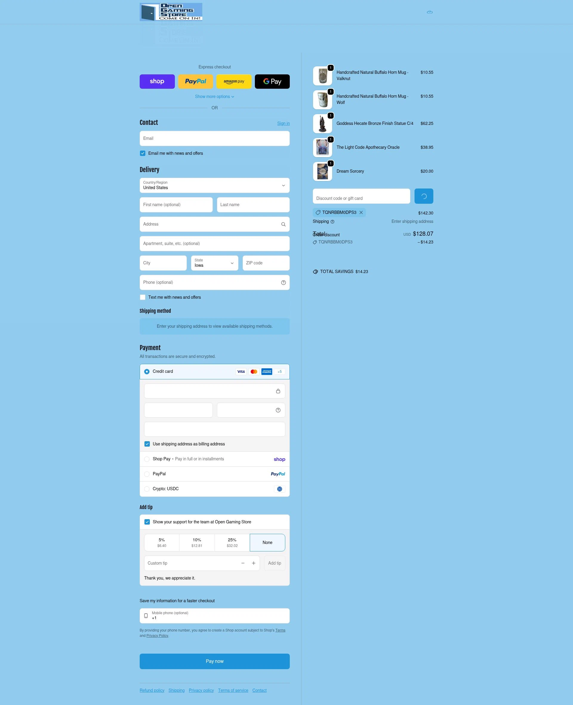 Open Gaming Store checkout page showing Open Gaming Store promo code box | Screenshot taken by SimplyCodes community member on Feb 10, 2026