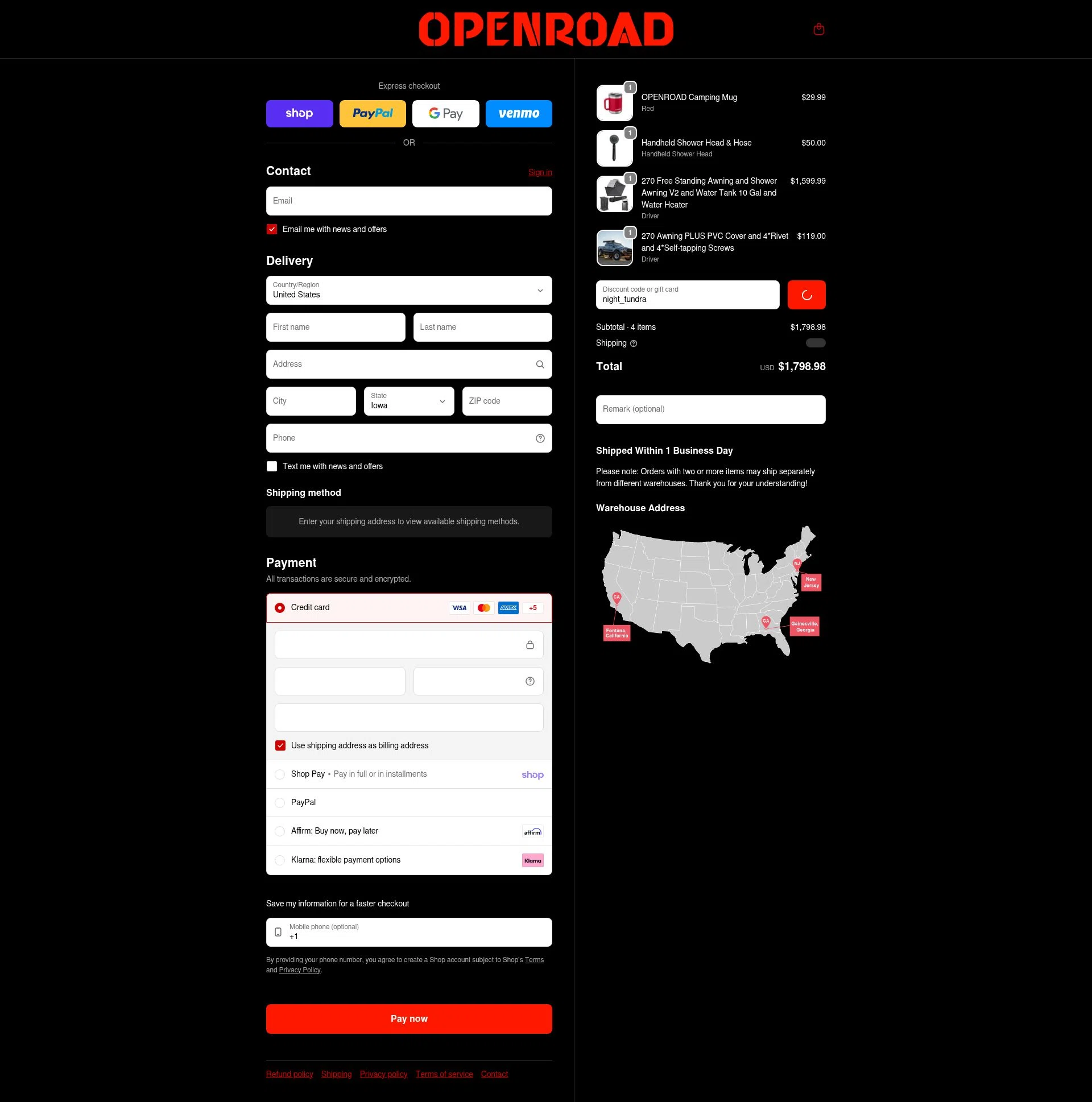 OpenRoad checkout page showing OpenRoad discount code box | Screenshot taken by SimplyCodes community member on Feb 18, 2026