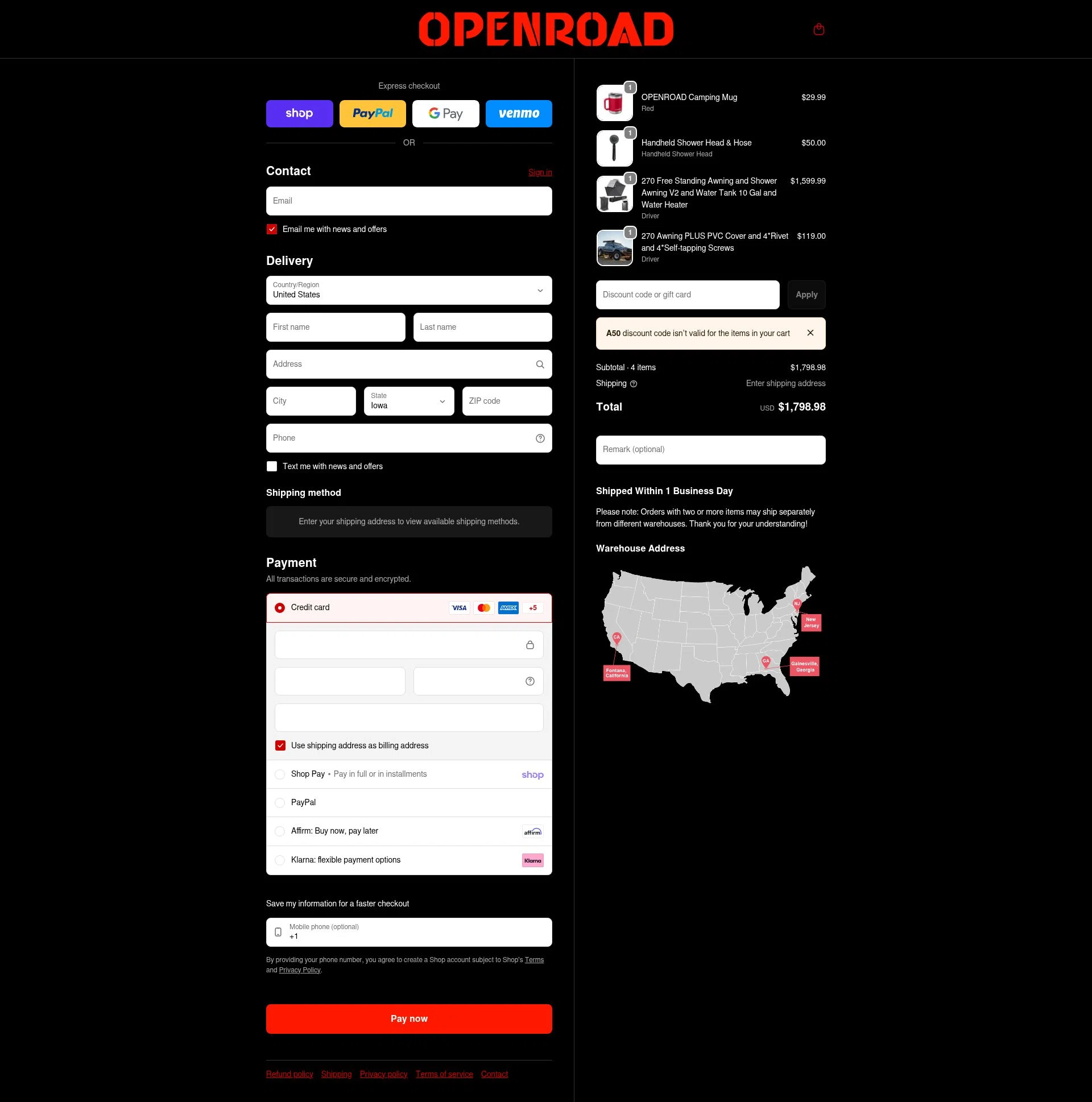OpenRoad checkout page showing OpenRoad discount code box | Screenshot taken by SimplyCodes community member on Feb 18, 2026
