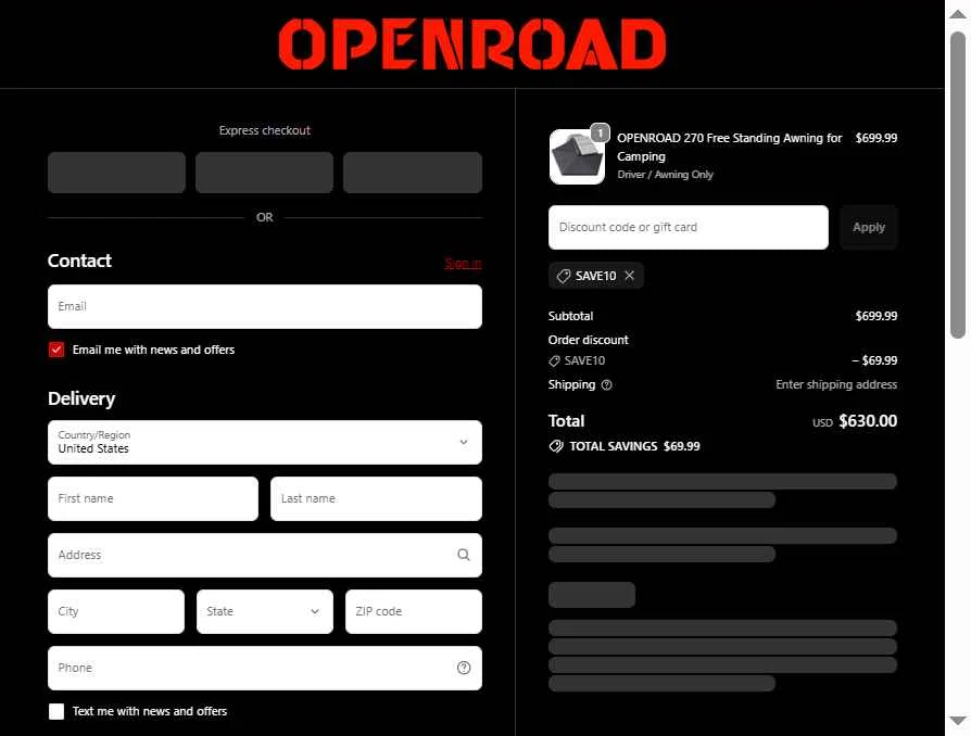 OpenRoad checkout page showing OpenRoad discount code box | Screenshot taken by SimplyCodes community member on Feb 18, 2026