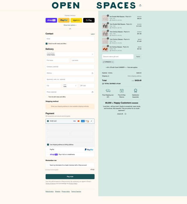 Open Spaces checkout page showing Open Spaces discount code box | Screenshot taken by SimplyCodes community member on Aug 1, 2025