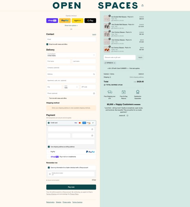 Open Spaces checkout page showing Open Spaces discount code box | Screenshot taken by SimplyCodes community member on Aug 5, 2025