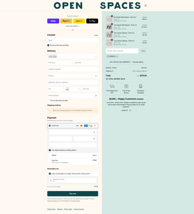 Open Spaces checkout page showing Open Spaces discount code box | Screenshot taken by SimplyCodes community member on Sep 4, 2025