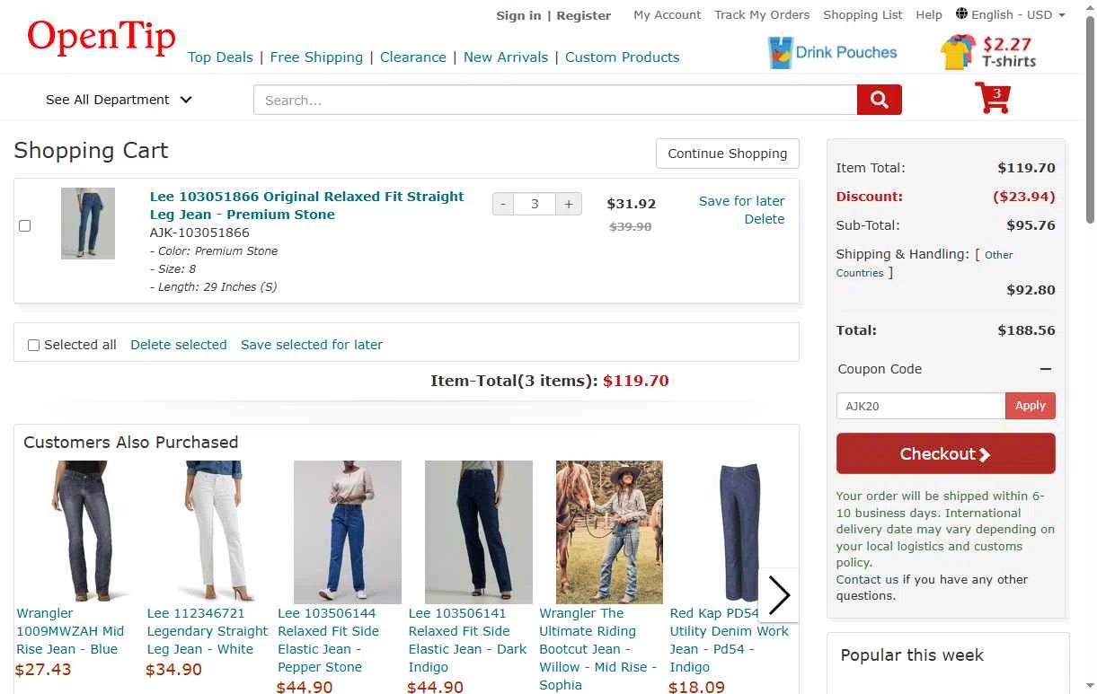 Open Tip checkout page showing Open Tip coupon code box | Screenshot taken by SimplyCodes community member on Dec 15, 2025