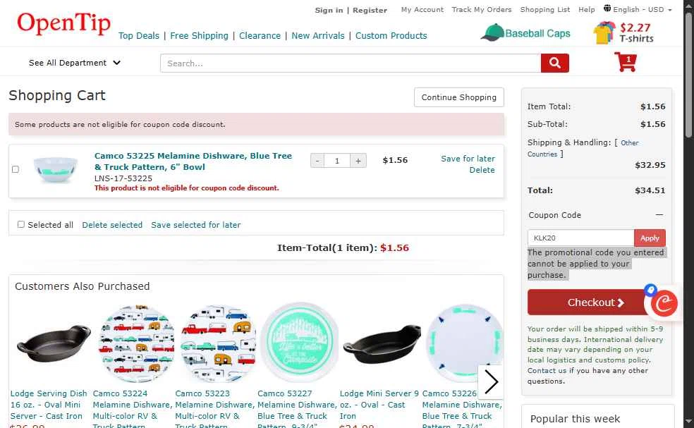 Open Tip checkout page showing Open Tip coupon code box | Screenshot taken by SimplyCodes community member on Nov 8, 2025