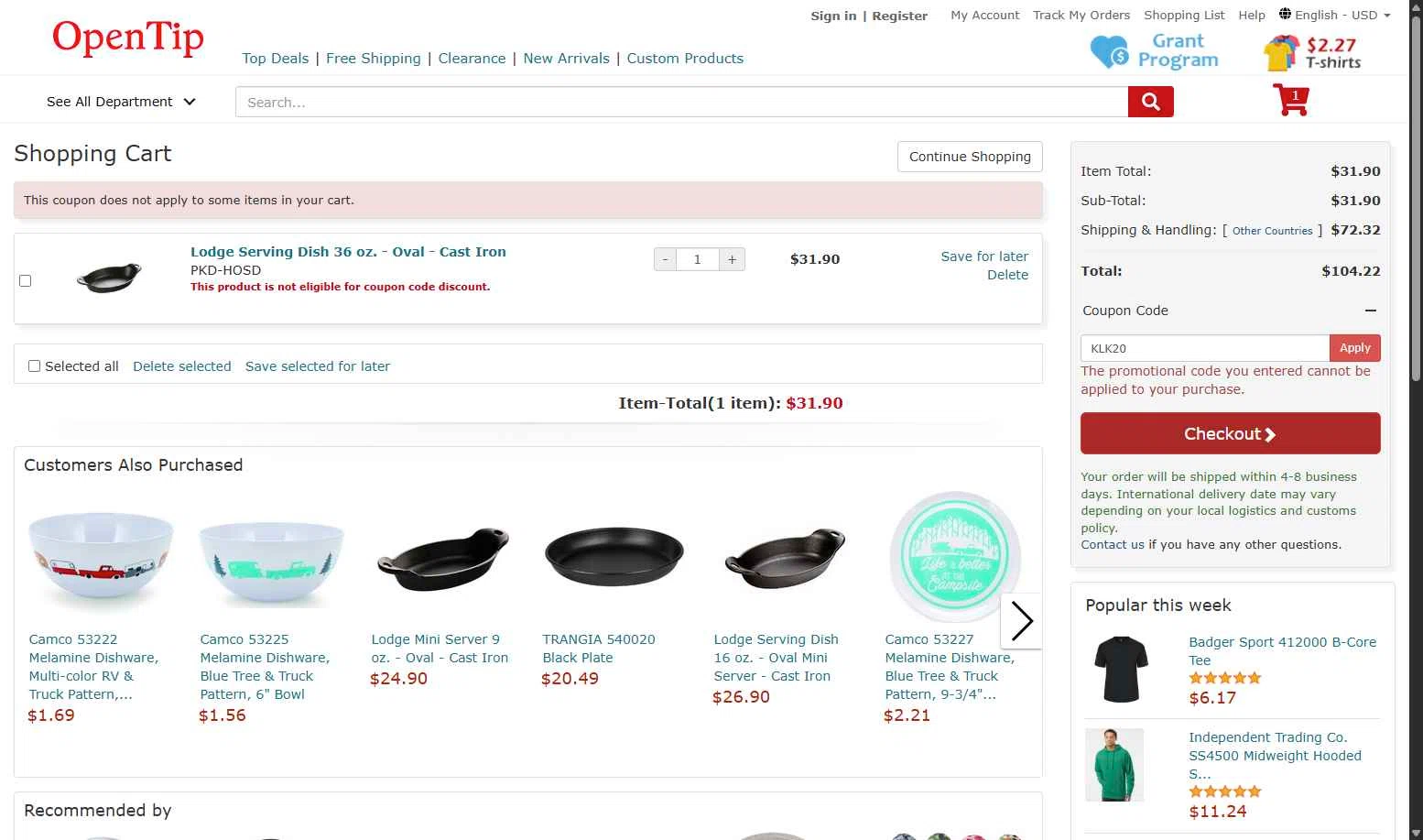Open Tip checkout page showing Open Tip coupon code box | Screenshot taken by SimplyCodes community member on Nov 8, 2025