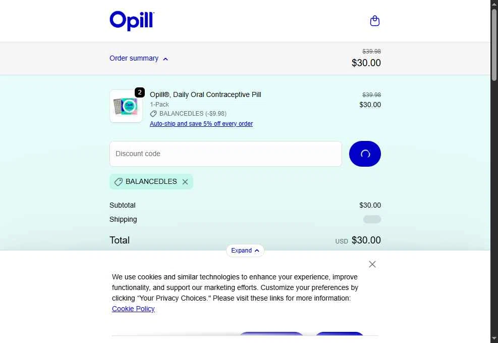 Opill checkout page showing Opill discount code box | Screenshot taken by SimplyCodes community member on Dec 27, 2025