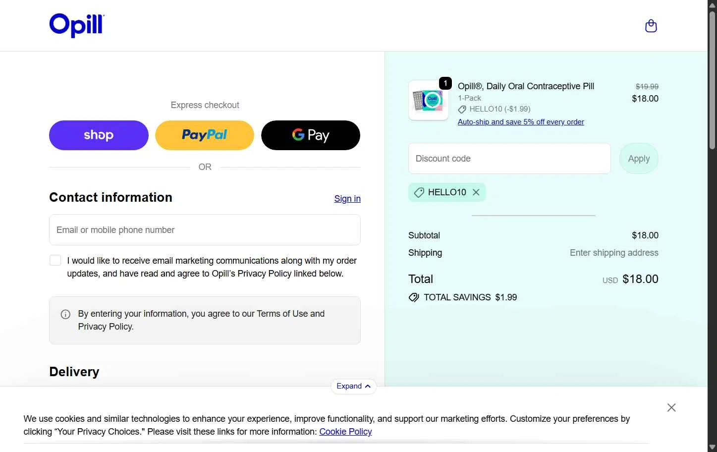 Opill checkout page showing Opill discount code box | Screenshot taken by SimplyCodes community member on Jan 13, 2026