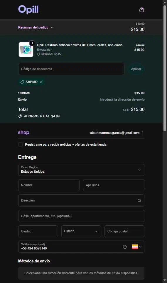 Opill checkout page showing Opill discount code box | Screenshot taken by SimplyCodes community member on Dec 17, 2025