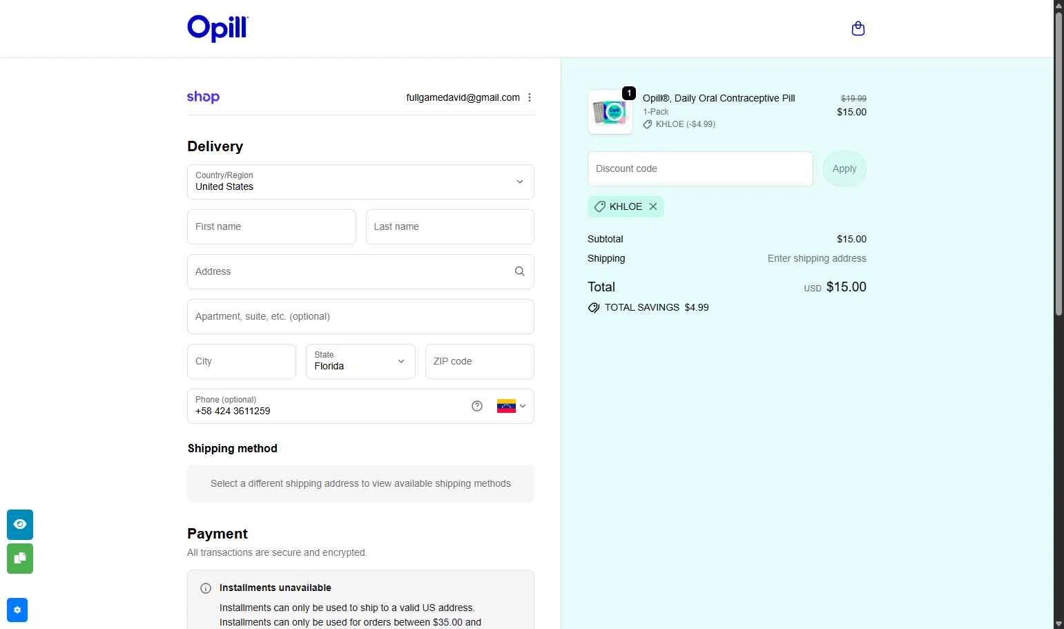 Opill checkout page showing Opill discount code box | Screenshot taken by SimplyCodes community member on Dec 17, 2025