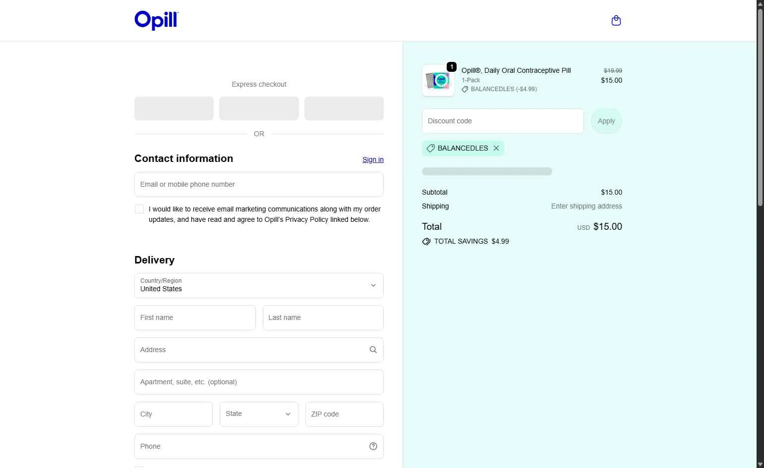 Opill checkout page showing Opill discount code box | Screenshot taken by SimplyCodes community member on Jan 25, 2026