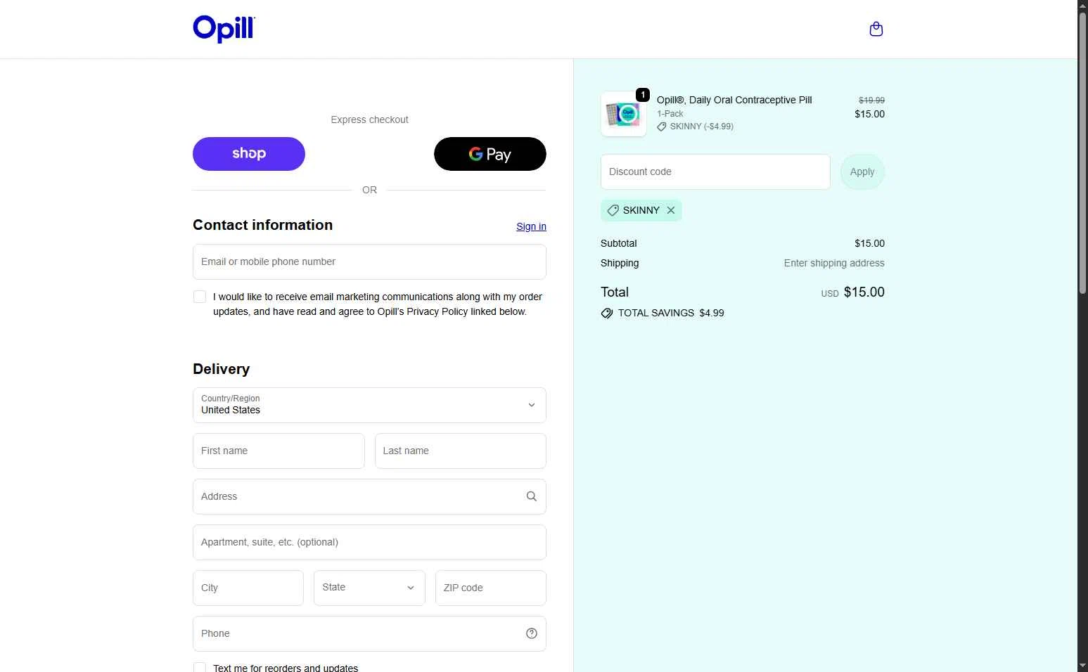 Opill checkout page showing Opill discount code box | Screenshot taken by SimplyCodes community member on Jan 25, 2026