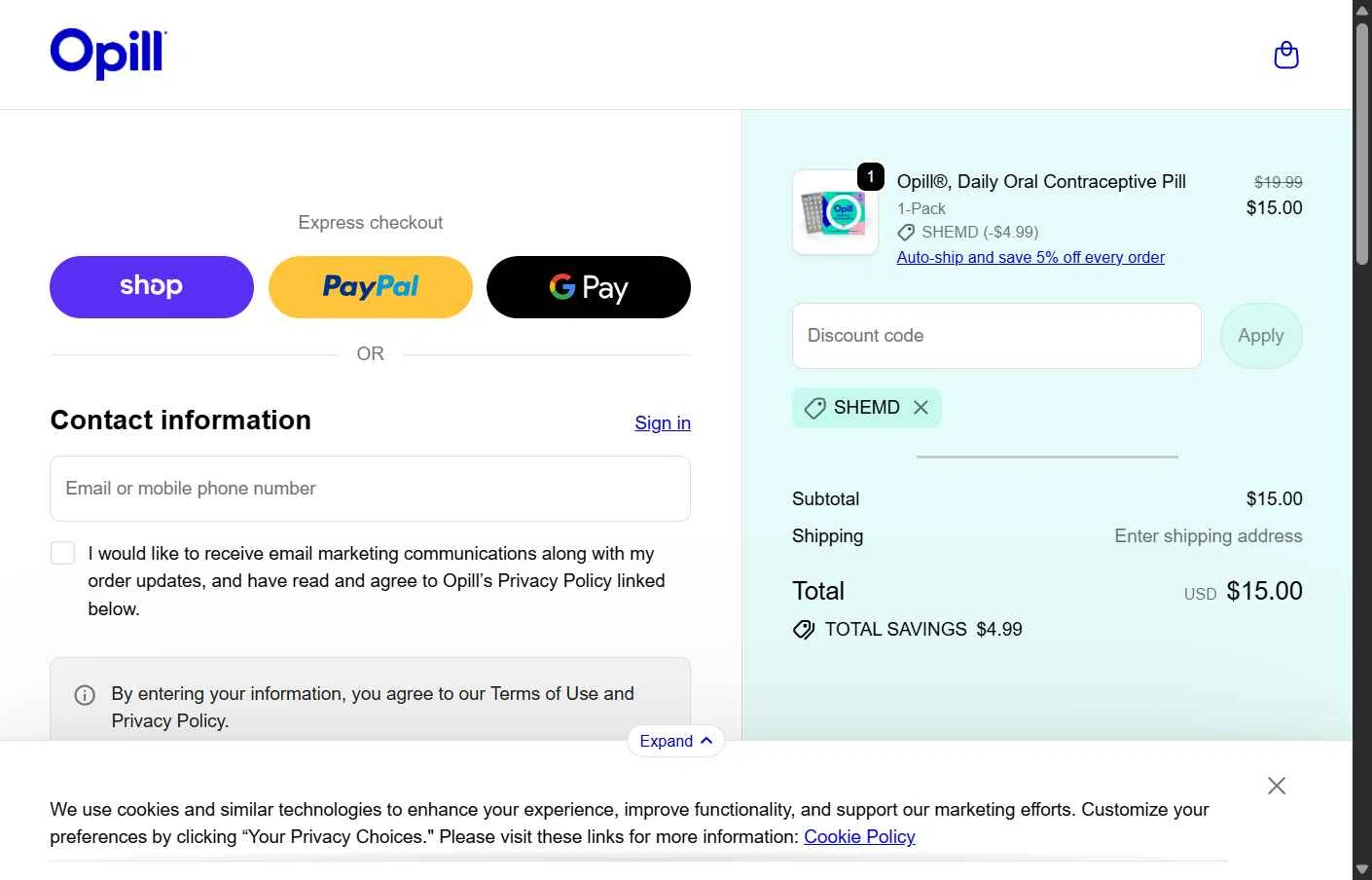 Opill checkout page showing Opill discount code box | Screenshot taken by SimplyCodes community member on Jan 15, 2026
