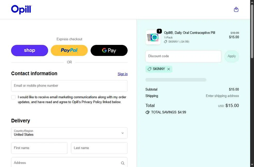Opill checkout page showing Opill discount code box | Screenshot taken by SimplyCodes community member on Dec 27, 2025