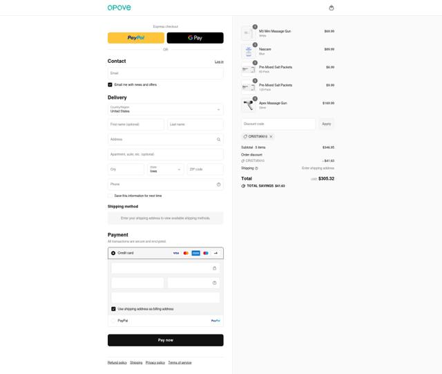 Opove checkout page showing Opove discount code box | Screenshot taken by SimplyCodes community member on Sep 7, 2025