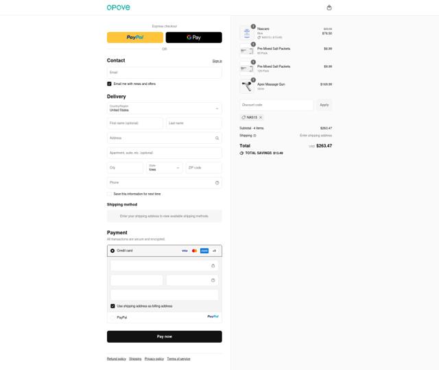Opove checkout page showing Opove discount code box | Screenshot taken by SimplyCodes community member on Sep 11, 2025