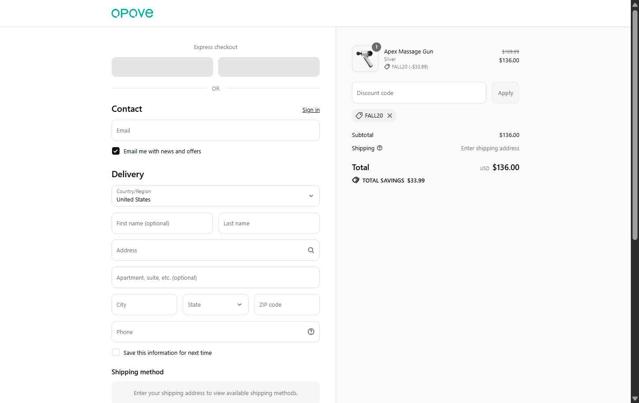 Opove checkout page showing Opove discount code box | Screenshot taken by SimplyCodes community member on Sep 12, 2025