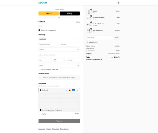 Opove checkout page showing Opove discount code box | Screenshot taken by SimplyCodes community member on Sep 11, 2025