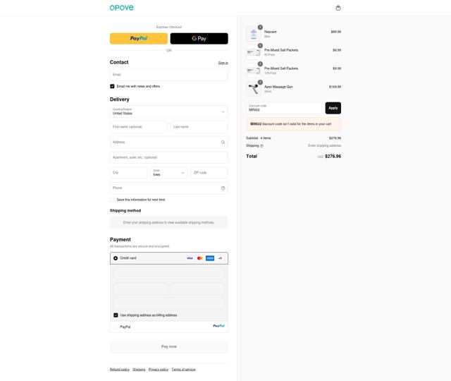 Opove checkout page showing Opove discount code box | Screenshot taken by SimplyCodes community member on Sep 11, 2025