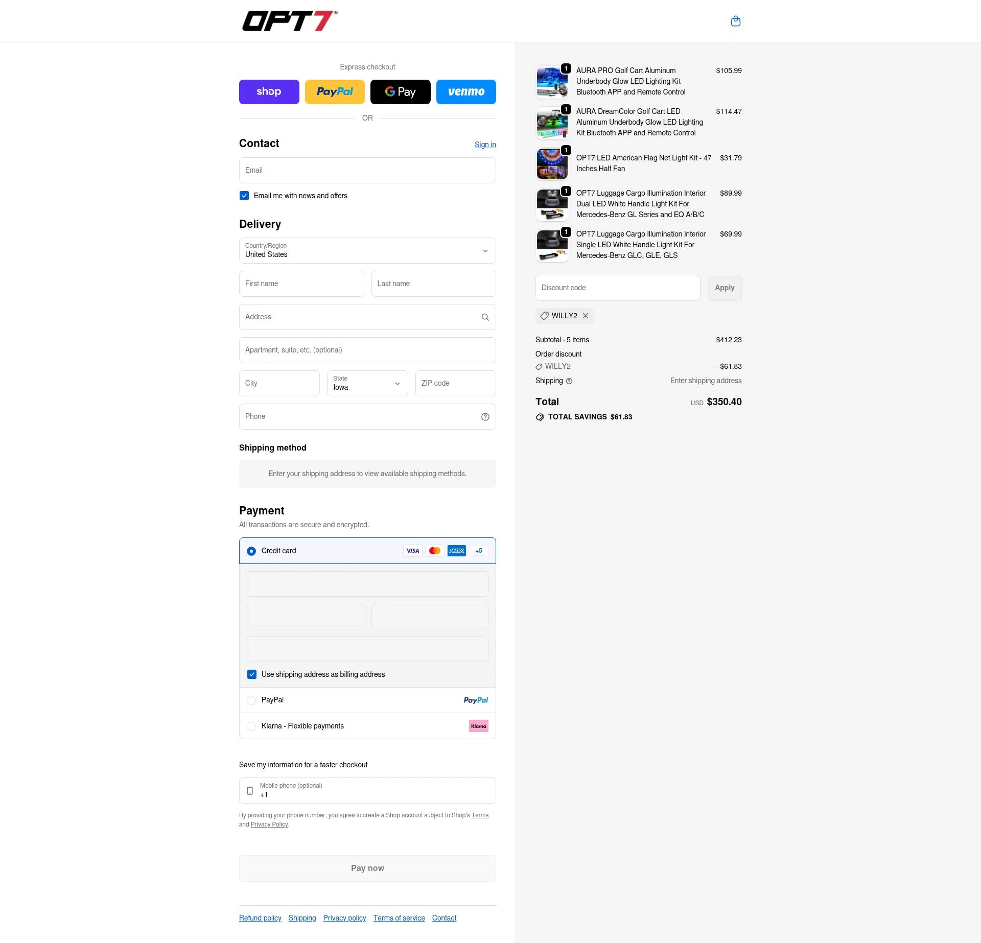 OPT7 Lighting checkout page showing OPT7 Lighting promo code box | Screenshot taken by SimplyCodes community member on Feb 21, 2026