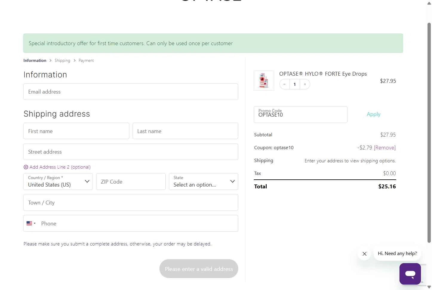 Optase checkout page showing Optase promo code box | Screenshot taken by SimplyCodes community member on Jan 11, 2026