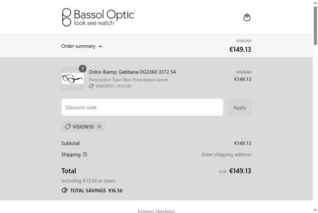 Bassol Optic checkout page showing Bassol Optic discount code box | Screenshot taken by SimplyCodes community member on Sep 6, 2025