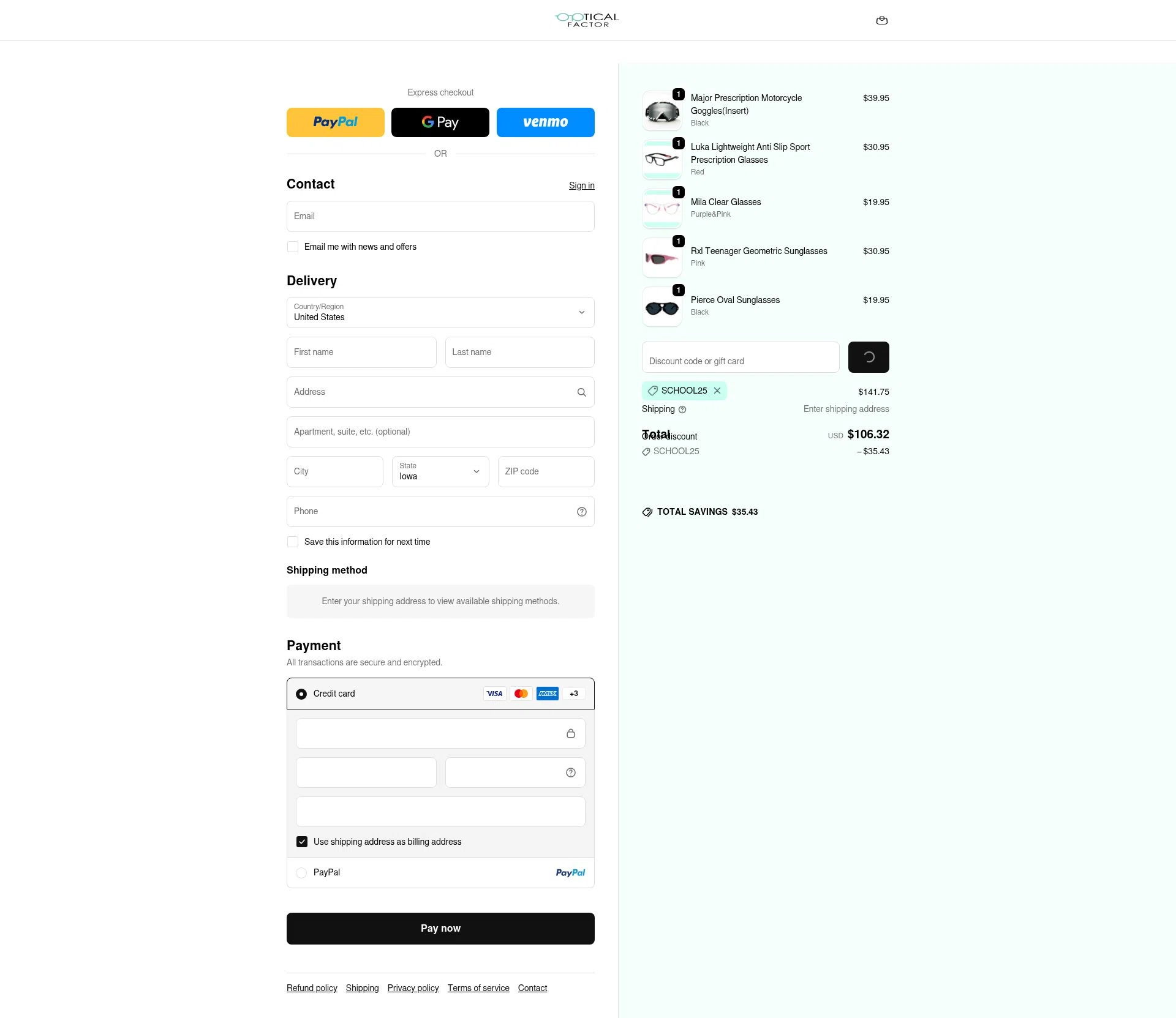 Optical Factor checkout page showing Optical Factor discount code box | Screenshot taken by SimplyCodes community member on Feb 9, 2026