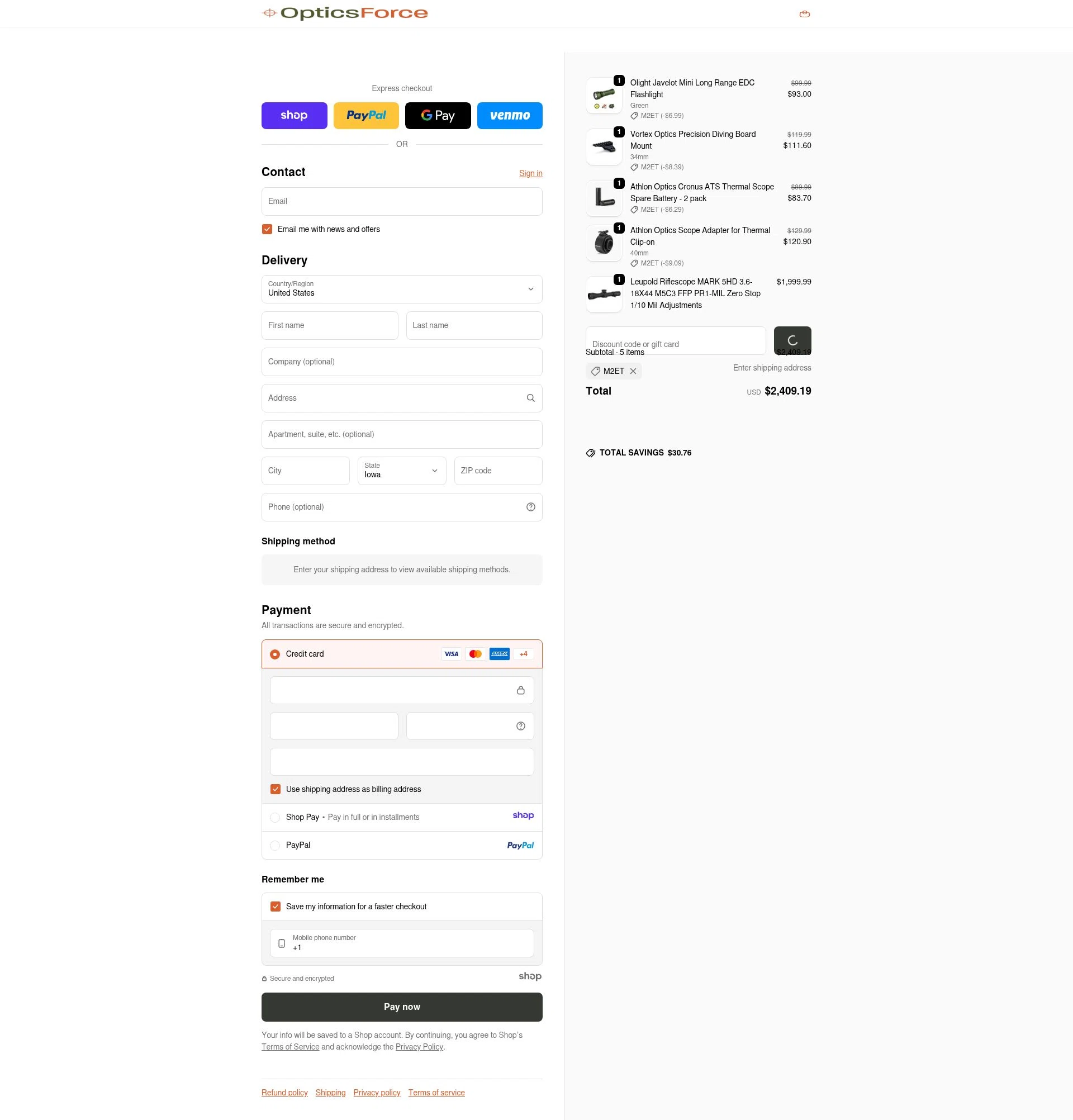 Optics Force checkout page showing Optics Force discount code box | Screenshot taken by SimplyCodes community member on Jan 3, 2026
