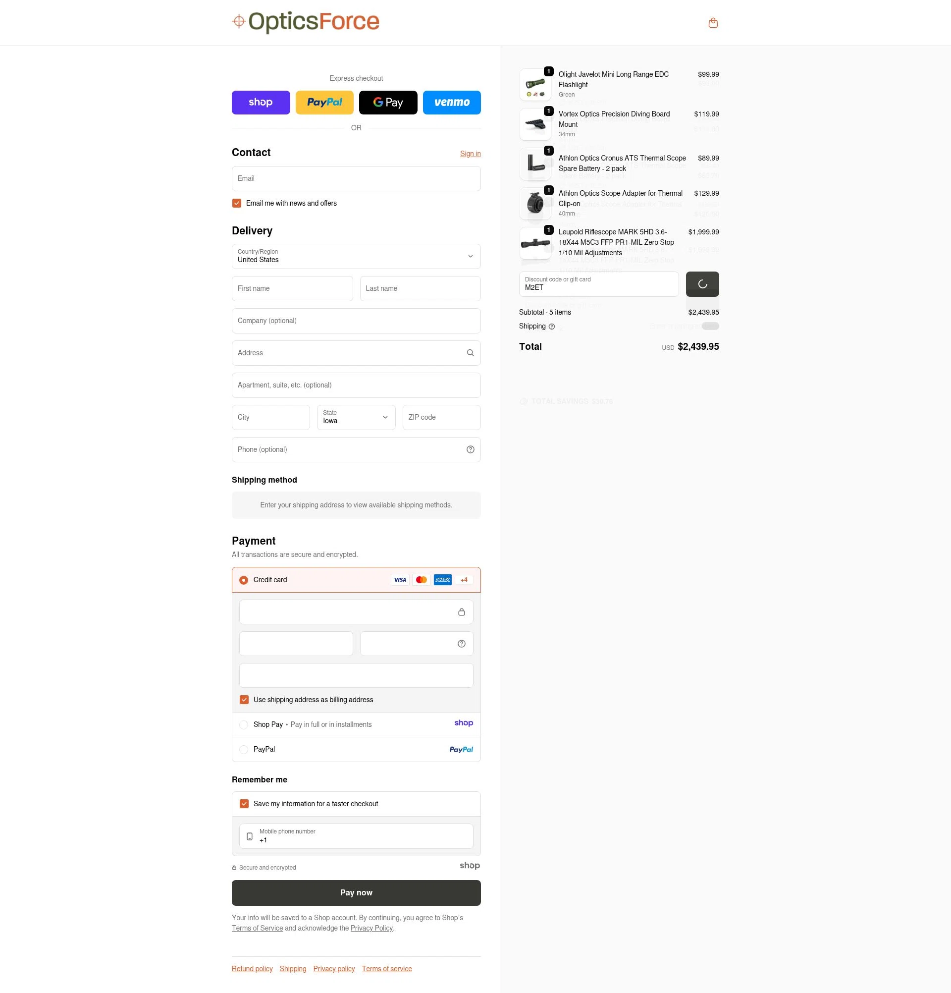 Optics Force checkout page showing Optics Force discount code box | Screenshot taken by SimplyCodes community member on Dec 29, 2025