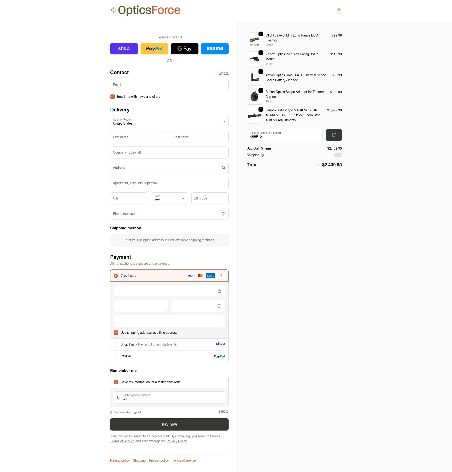 Optics Force checkout page showing Optics Force discount code box | Screenshot taken by SimplyCodes community member on Jan 3, 2026