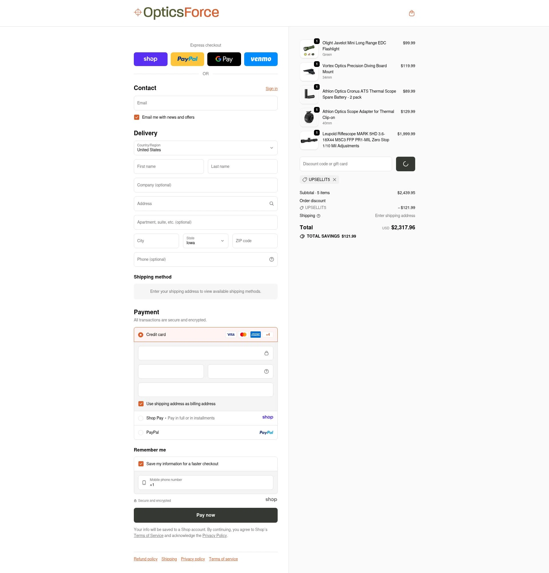 Optics Force checkout page showing Optics Force discount code box | Screenshot taken by SimplyCodes community member on Dec 29, 2025