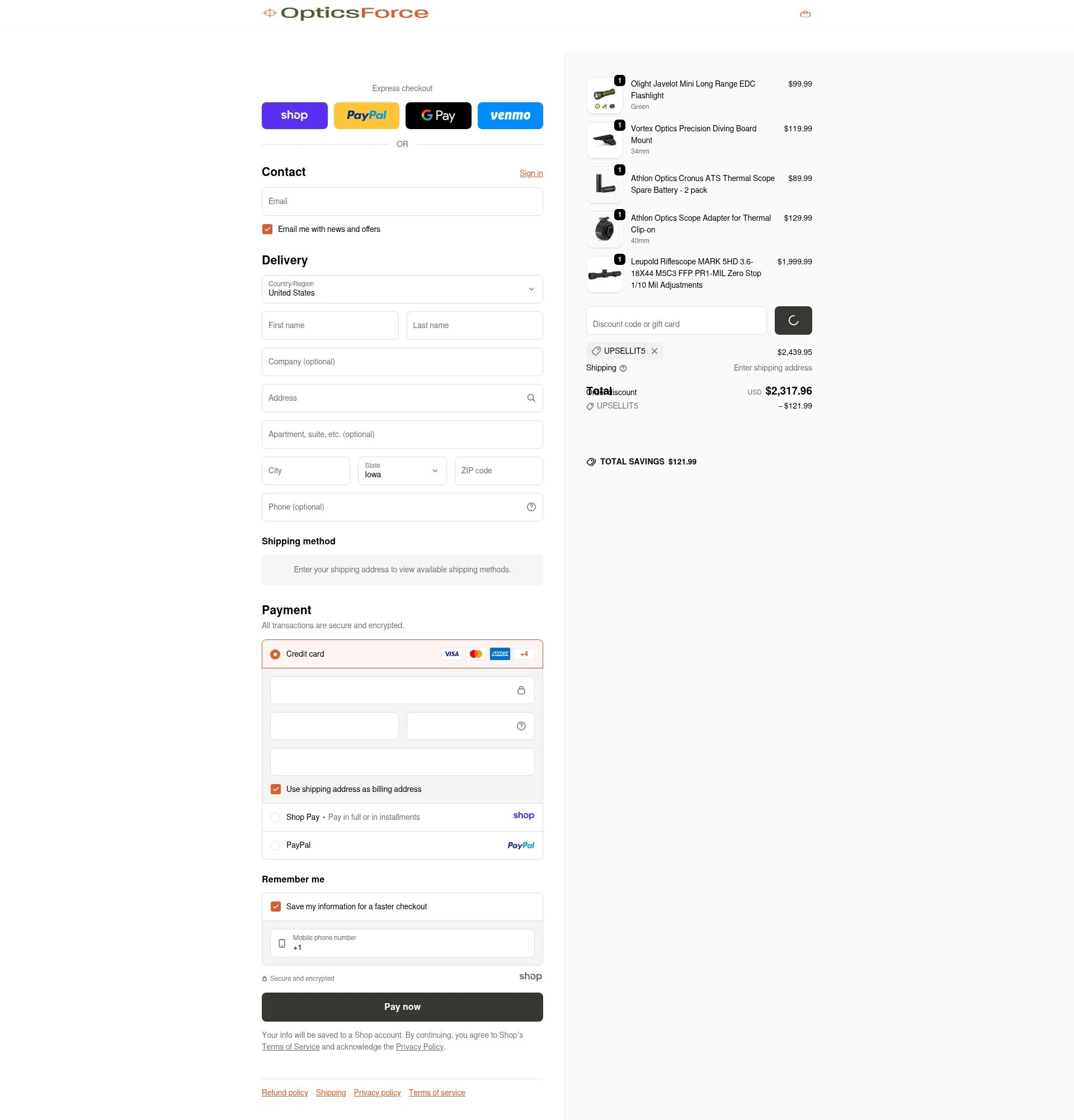 Optics Force checkout page showing Optics Force discount code box | Screenshot taken by SimplyCodes community member on Dec 24, 2025