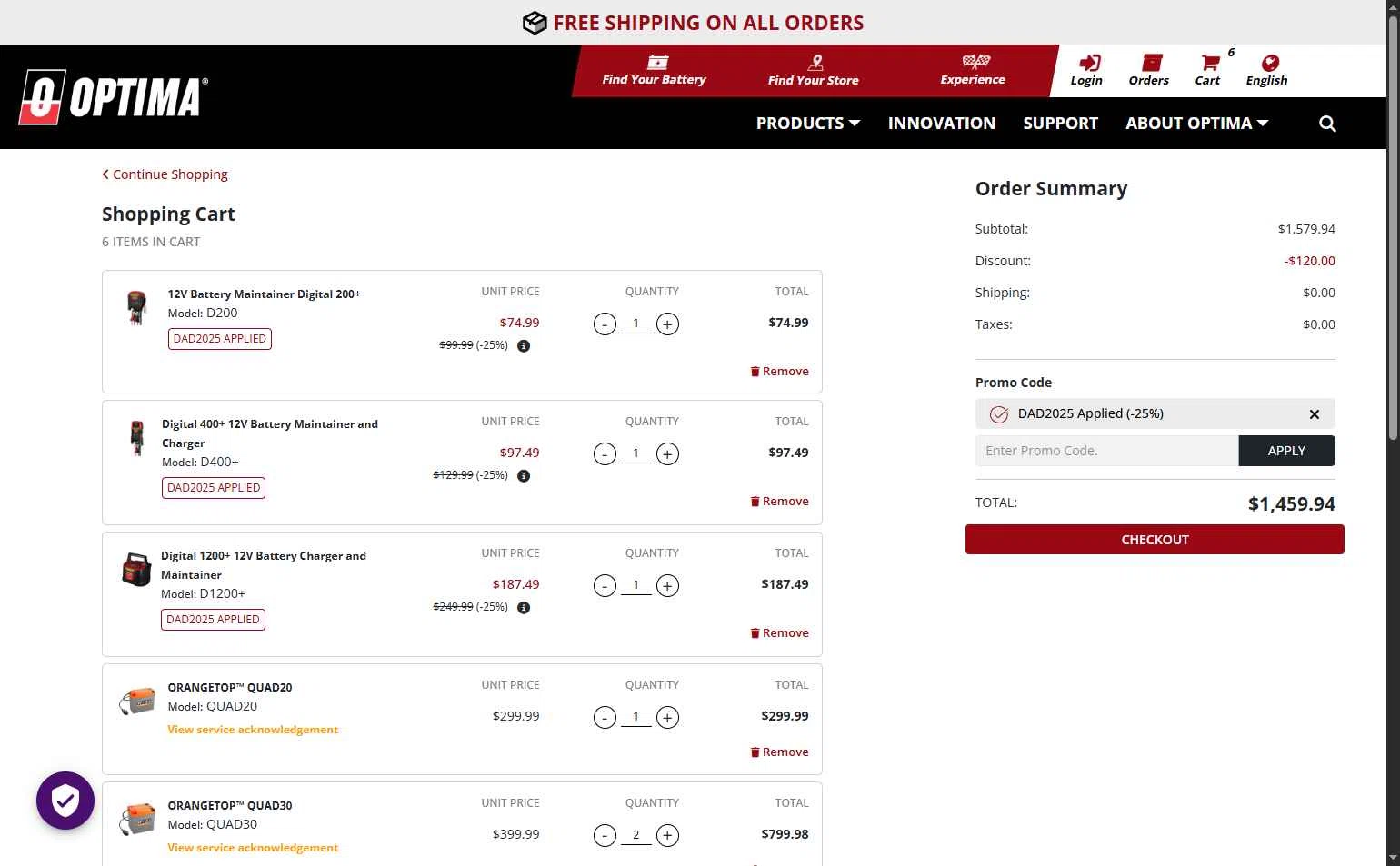 Optima Batteries checkout page showing Optima Batteries coupon code box | Screenshot taken by SimplyCodes community member on Jun 13, 2025