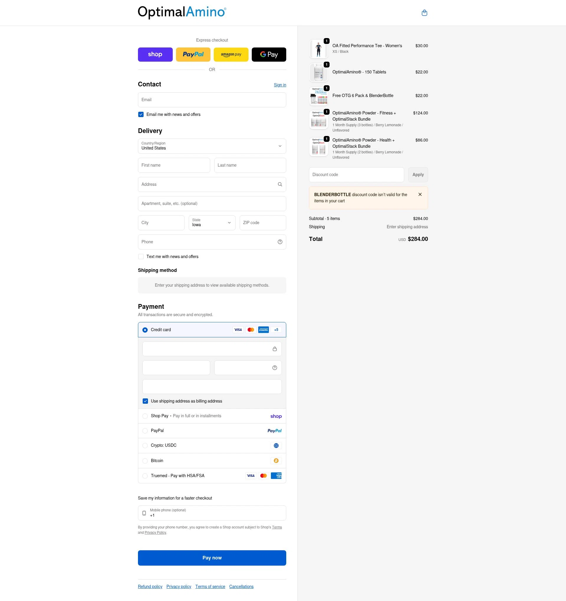 OptimalAmino checkout page showing OptimalAmino promo code box | Screenshot taken by SimplyCodes community member on Feb 11, 2026