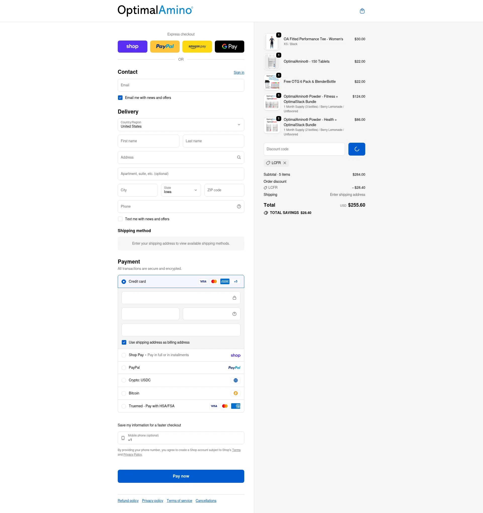 OptimalAmino checkout page showing OptimalAmino promo code box | Screenshot taken by SimplyCodes community member on Feb 11, 2026
