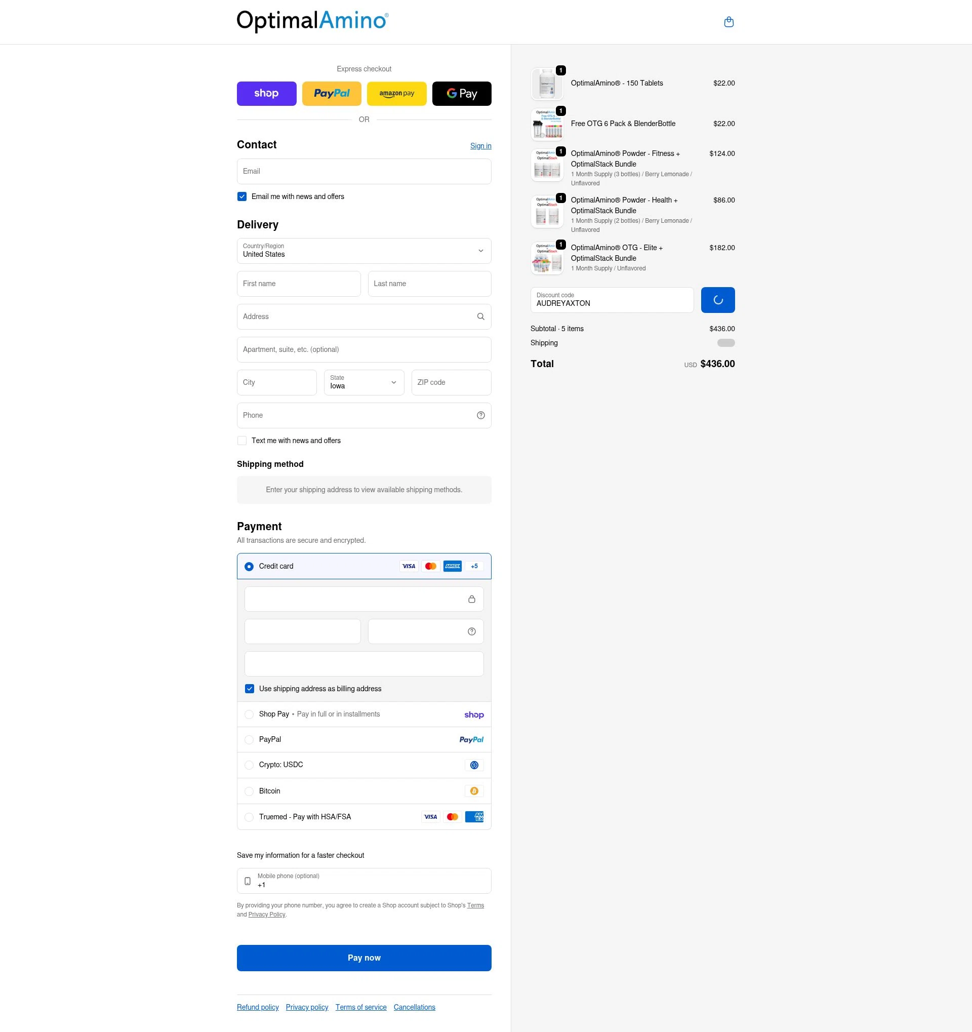 OptimalAmino checkout page showing OptimalAmino promo code box | Screenshot taken by SimplyCodes community member on Feb 7, 2026