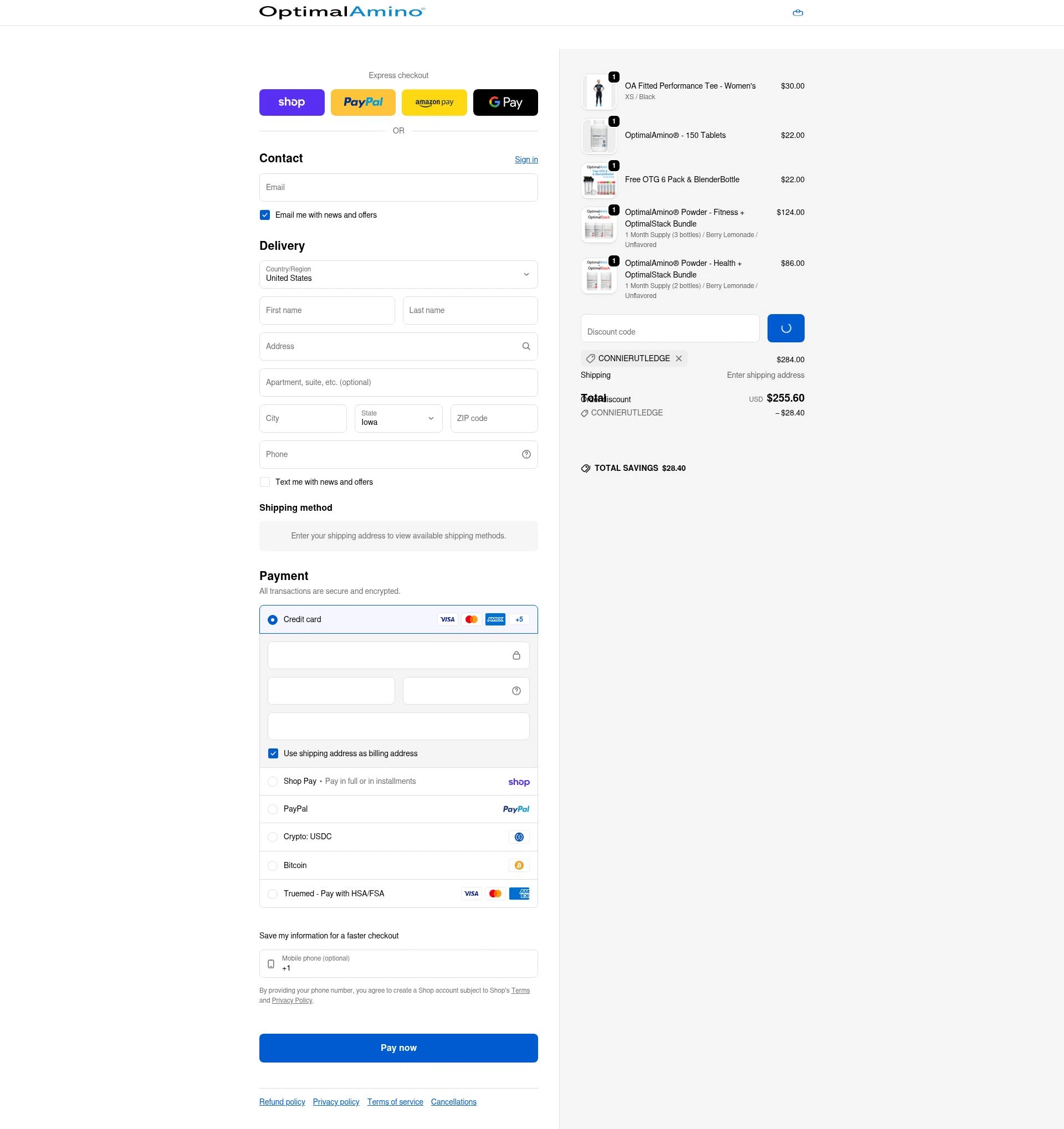 OptimalAmino checkout page showing OptimalAmino promo code box | Screenshot taken by SimplyCodes community member on Feb 11, 2026
