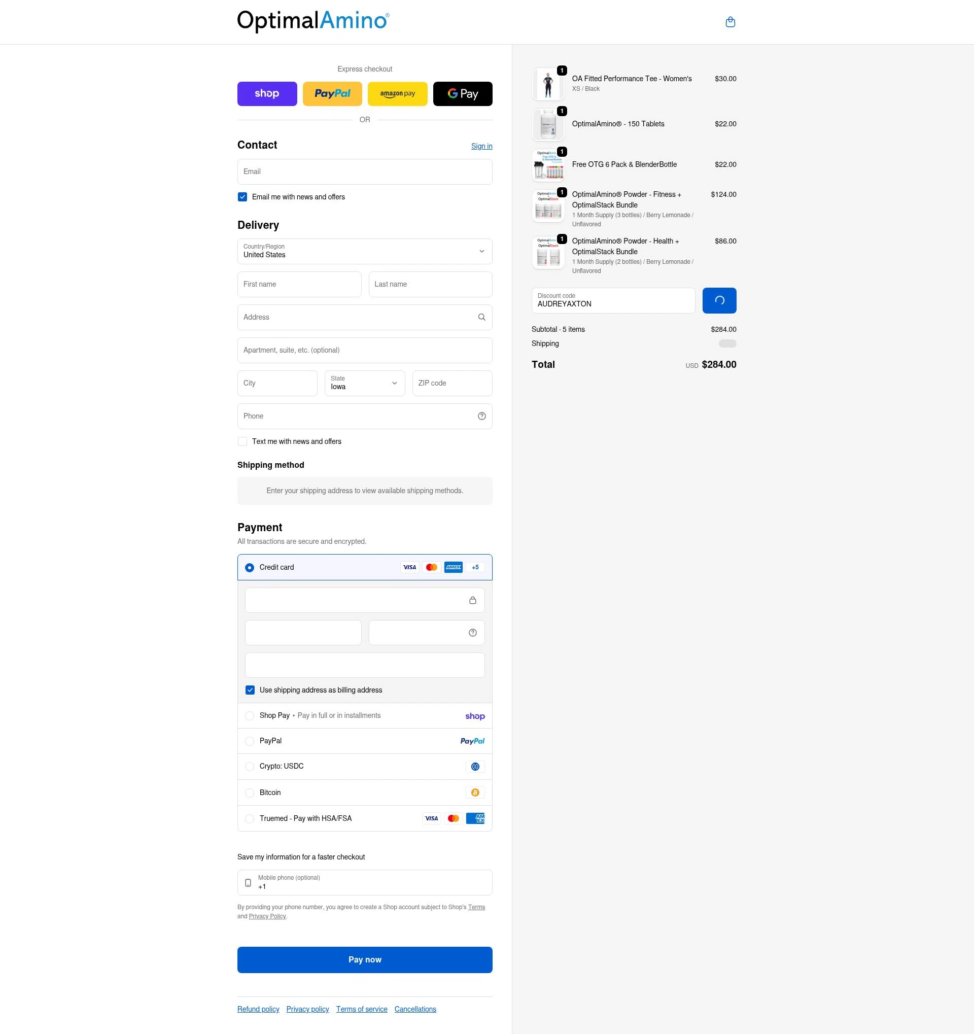 OptimalAmino checkout page showing OptimalAmino promo code box | Screenshot taken by SimplyCodes community member on Feb 11, 2026