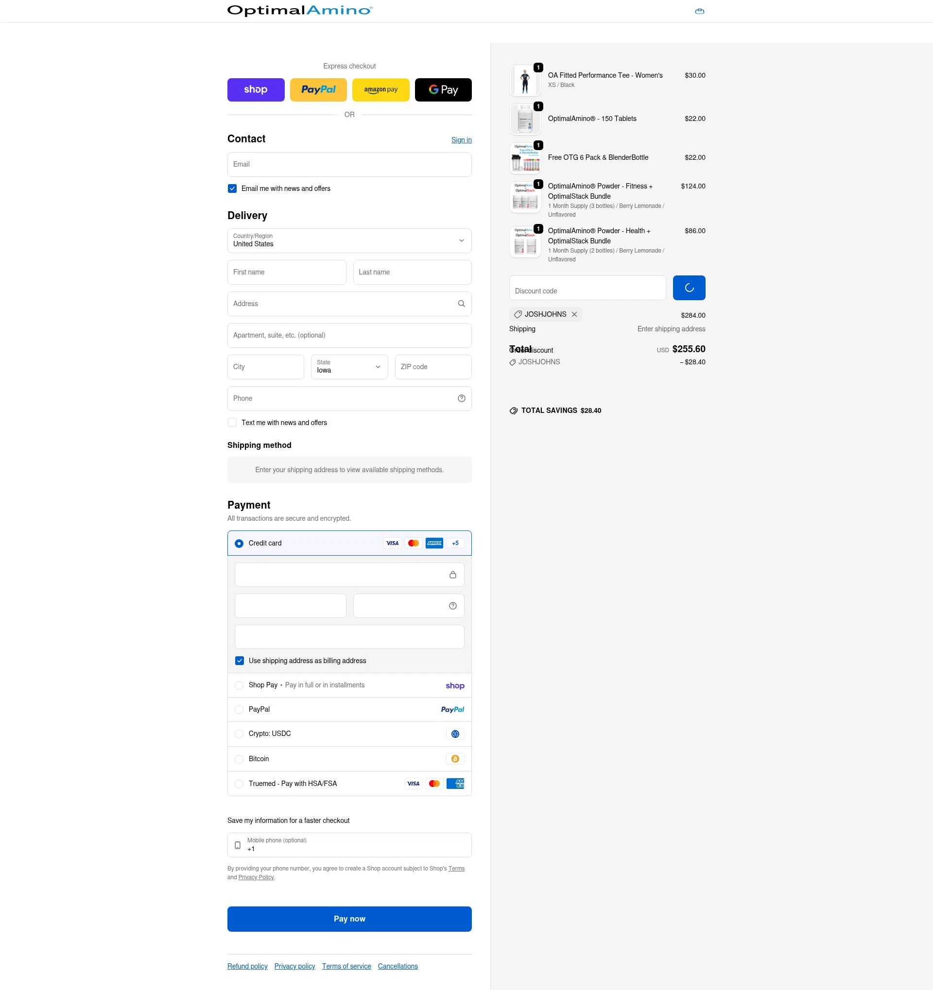 OptimalAmino checkout page showing OptimalAmino promo code box | Screenshot taken by SimplyCodes community member on Feb 11, 2026