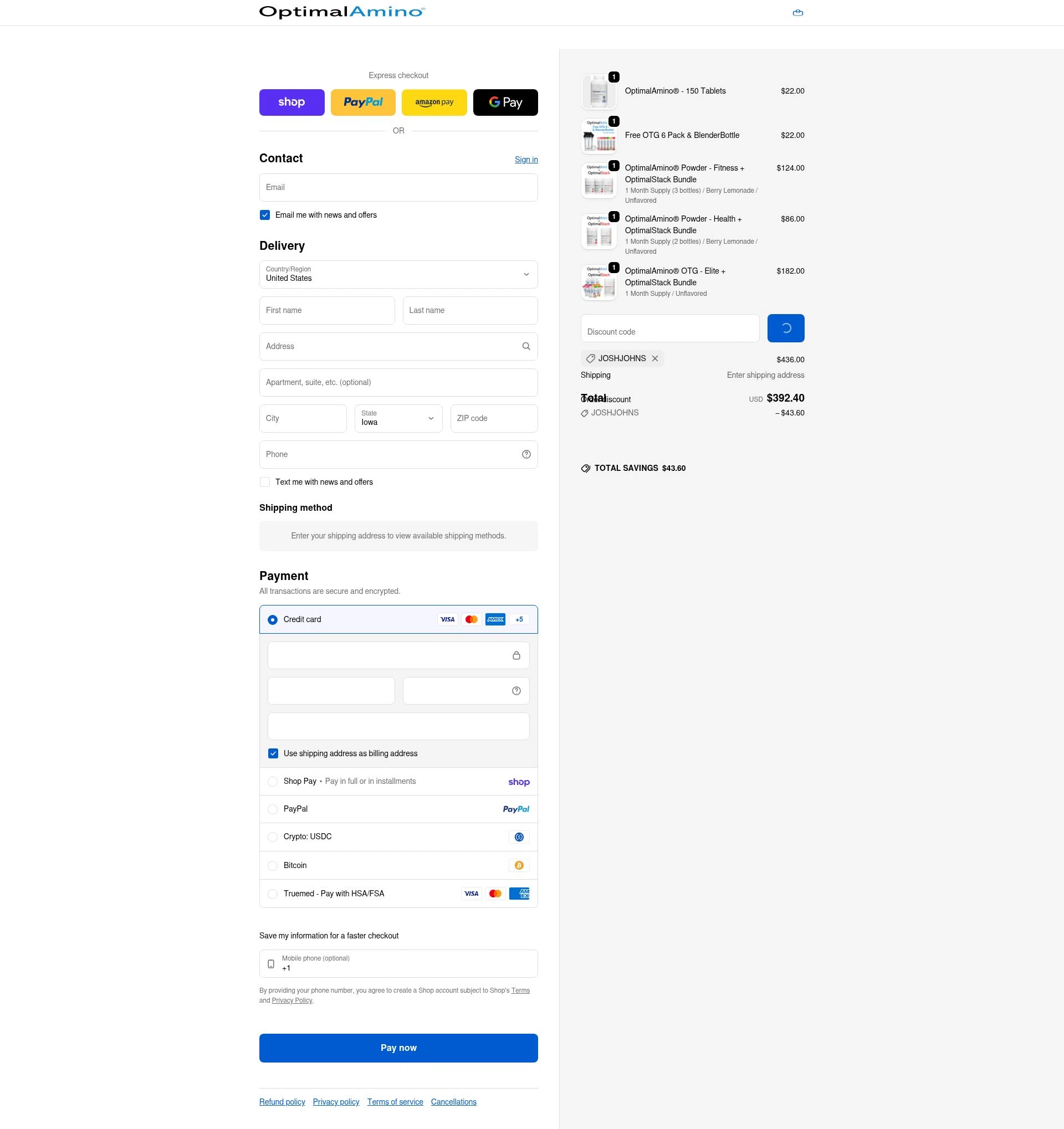 OptimalAmino checkout page showing OptimalAmino promo code box | Screenshot taken by SimplyCodes community member on Feb 7, 2026