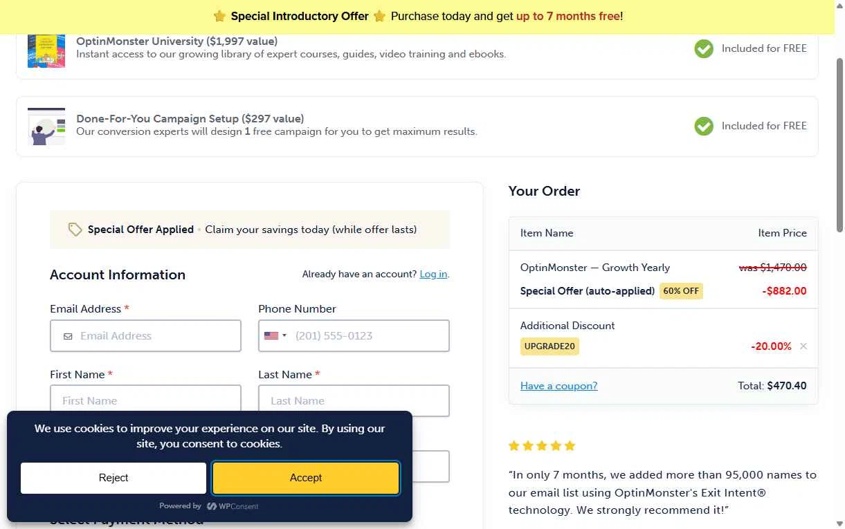 OptinMonster checkout page showing OptinMonster coupon code box | Screenshot taken by SimplyCodes community member on Jan 5, 2026