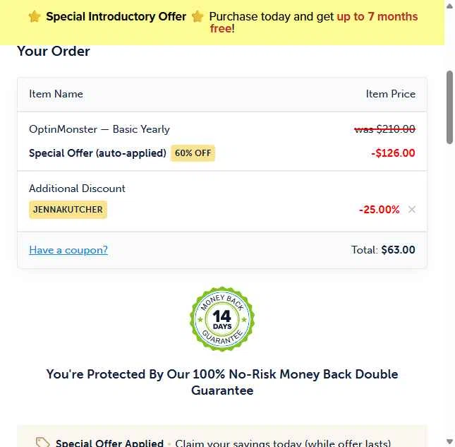 OptinMonster checkout page showing OptinMonster coupon code box | Screenshot taken by SimplyCodes community member on Jan 5, 2026