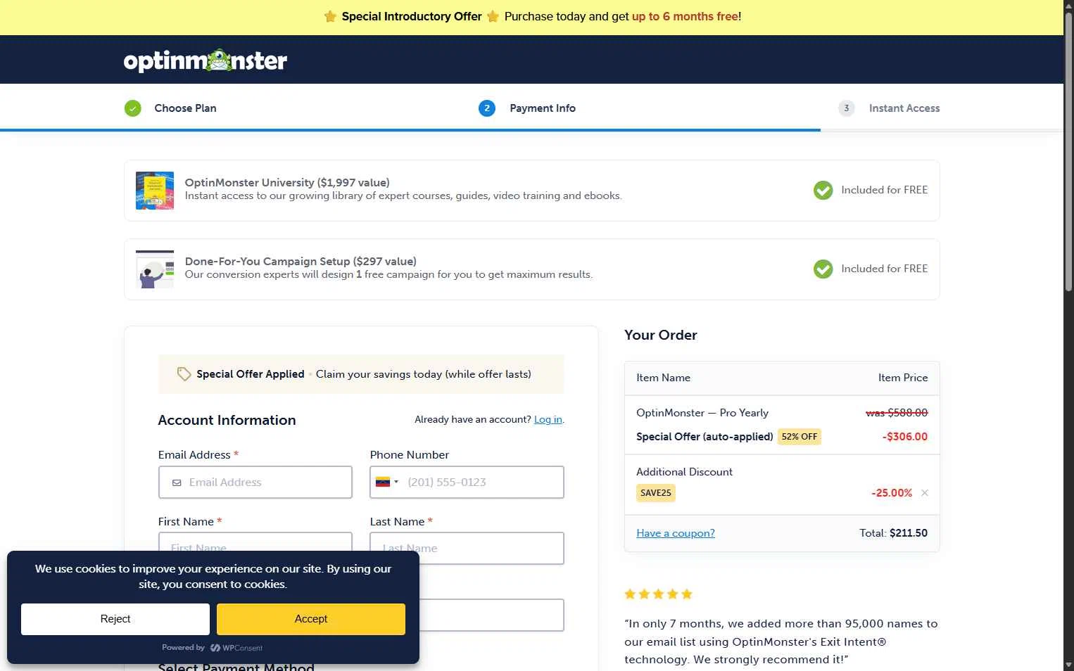 OptinMonster checkout page showing OptinMonster coupon code box | Screenshot taken by SimplyCodes community member on Nov 14, 2025