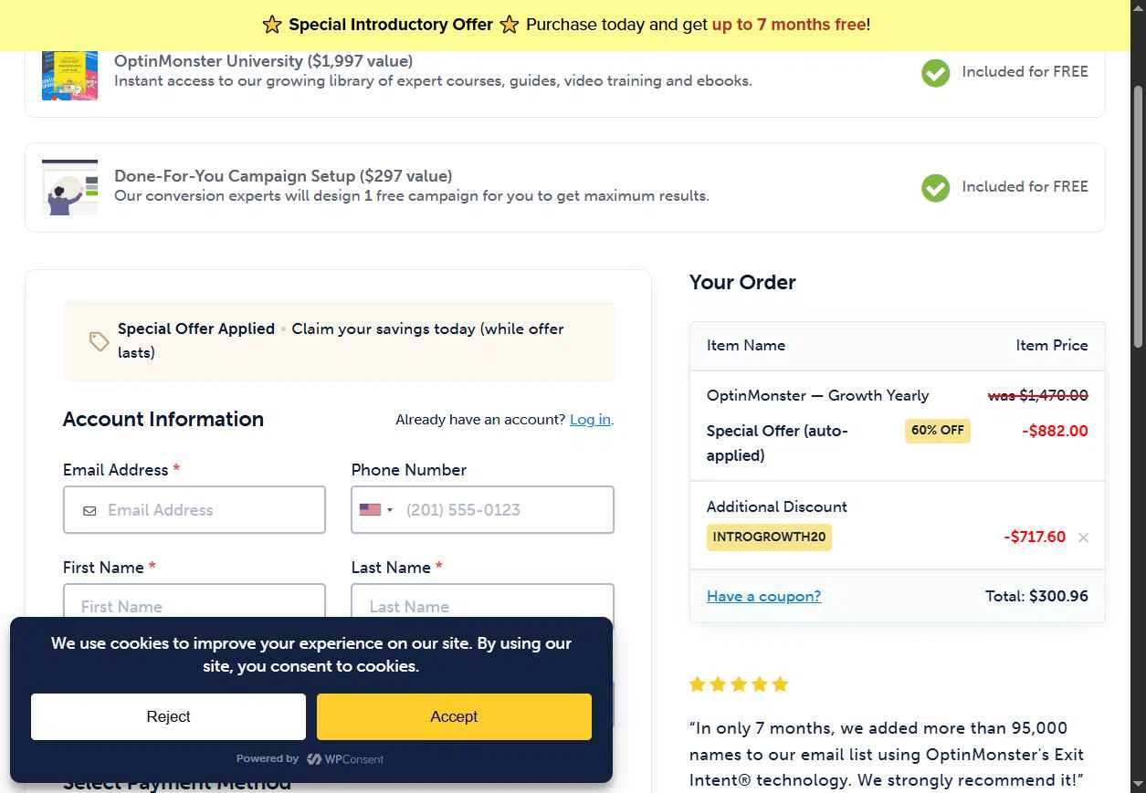 OptinMonster checkout page showing OptinMonster coupon code box | Screenshot taken by SimplyCodes community member on Dec 13, 2025
