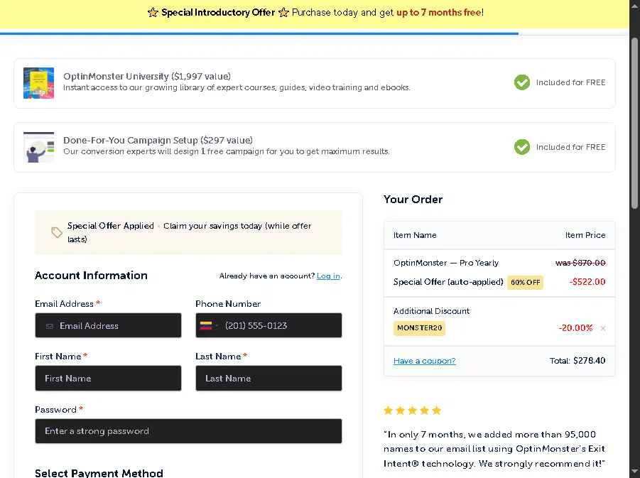 OptinMonster checkout page showing OptinMonster coupon code box | Screenshot taken by SimplyCodes community member on Jan 6, 2026
