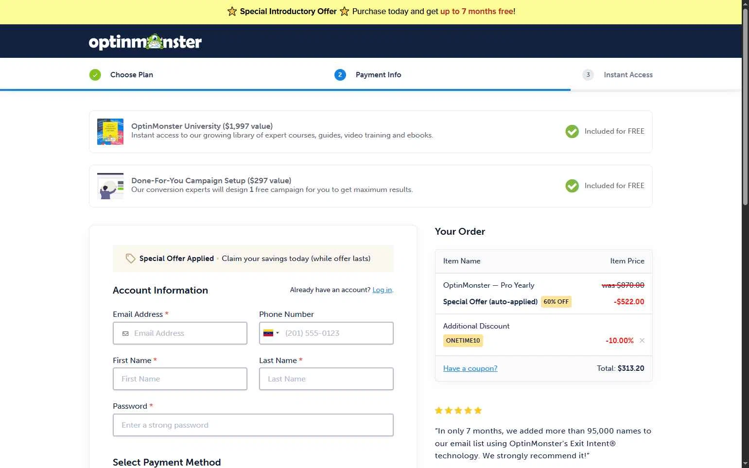 OptinMonster checkout page showing OptinMonster coupon code box | Screenshot taken by SimplyCodes community member on Jan 5, 2026